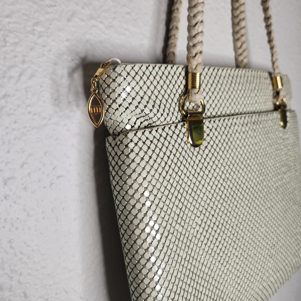 Retro Offwhite Tote Chainmail-like Diamond Shaped Links Cover It Gold Accents
